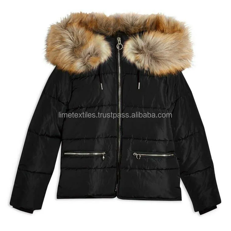 Fashion Warm Shiny Padded Puffer Jacket Black Short Women Quilted Coat Puffer coat with big fur hood Black Shiny Puffer Coat