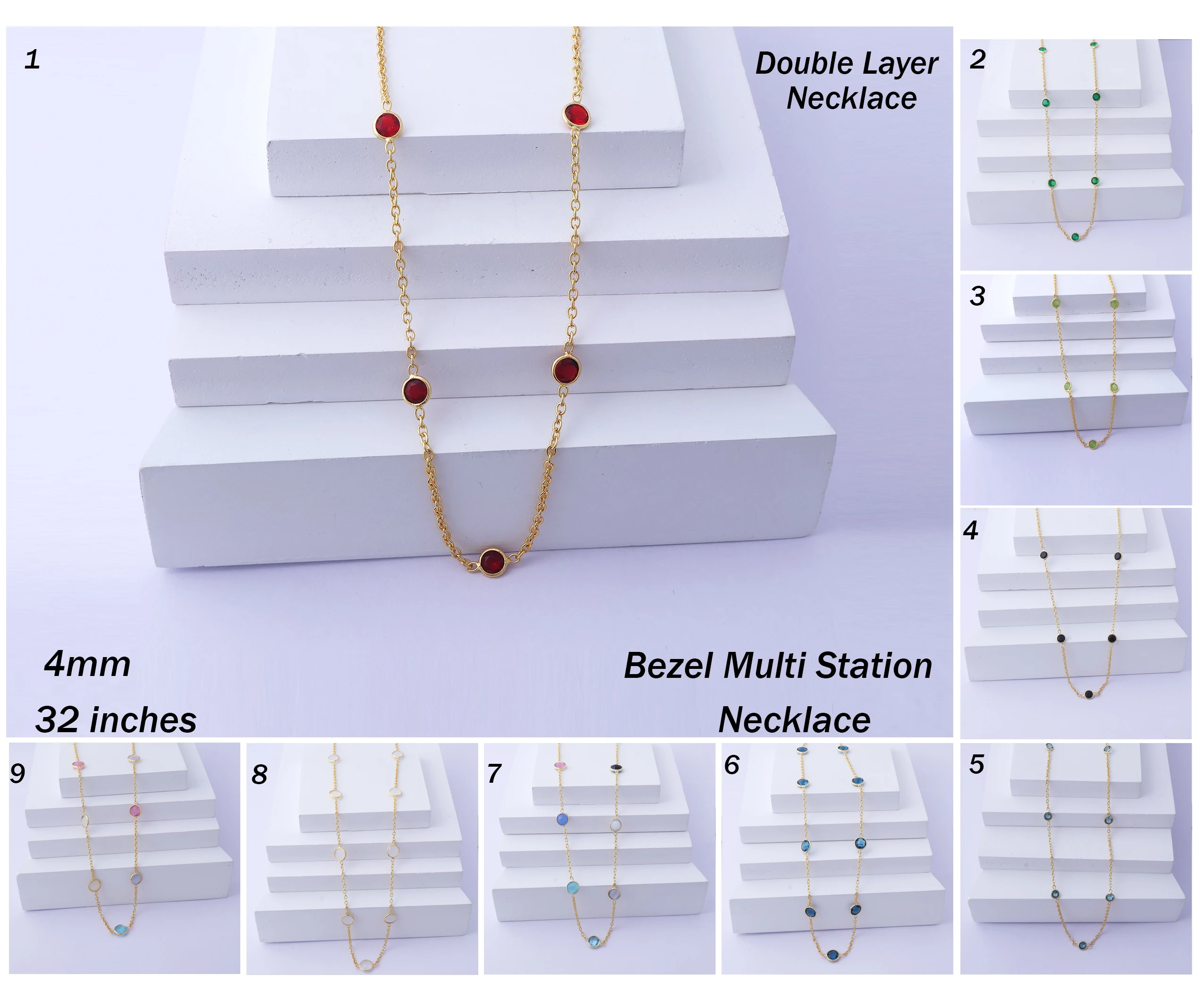 New fashion tiny green emerald quartz round stone necklace gold plated bezel set multi station double layer cable chain  jewelry