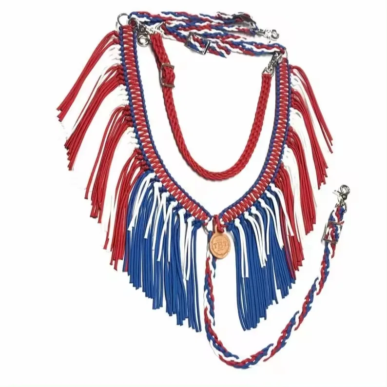 Patriotic Headstall & Breast Collar Fringe Horse Red White and Blue Tack Set Premium Leather Fully Adjustable For Horse Equp
