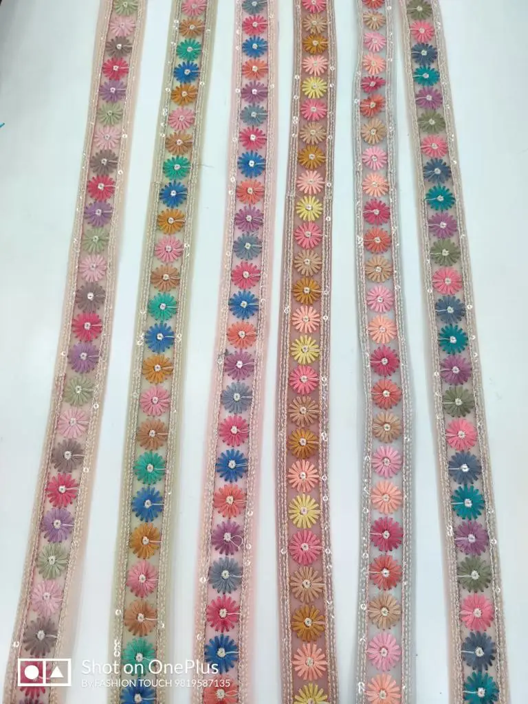 custom made machine embroidered ribbons & laces in cut work design with 100% sequins work in 7 colours for wedding dresses