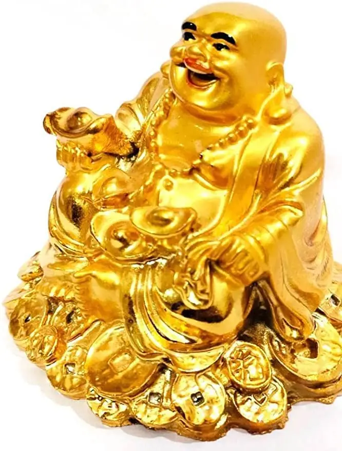 Feng Shui Laughing Buddha Sitting on Luck Money Coins Carrying Golden Ingot for Good Statues Figurines Sculptures Luck & Wealth