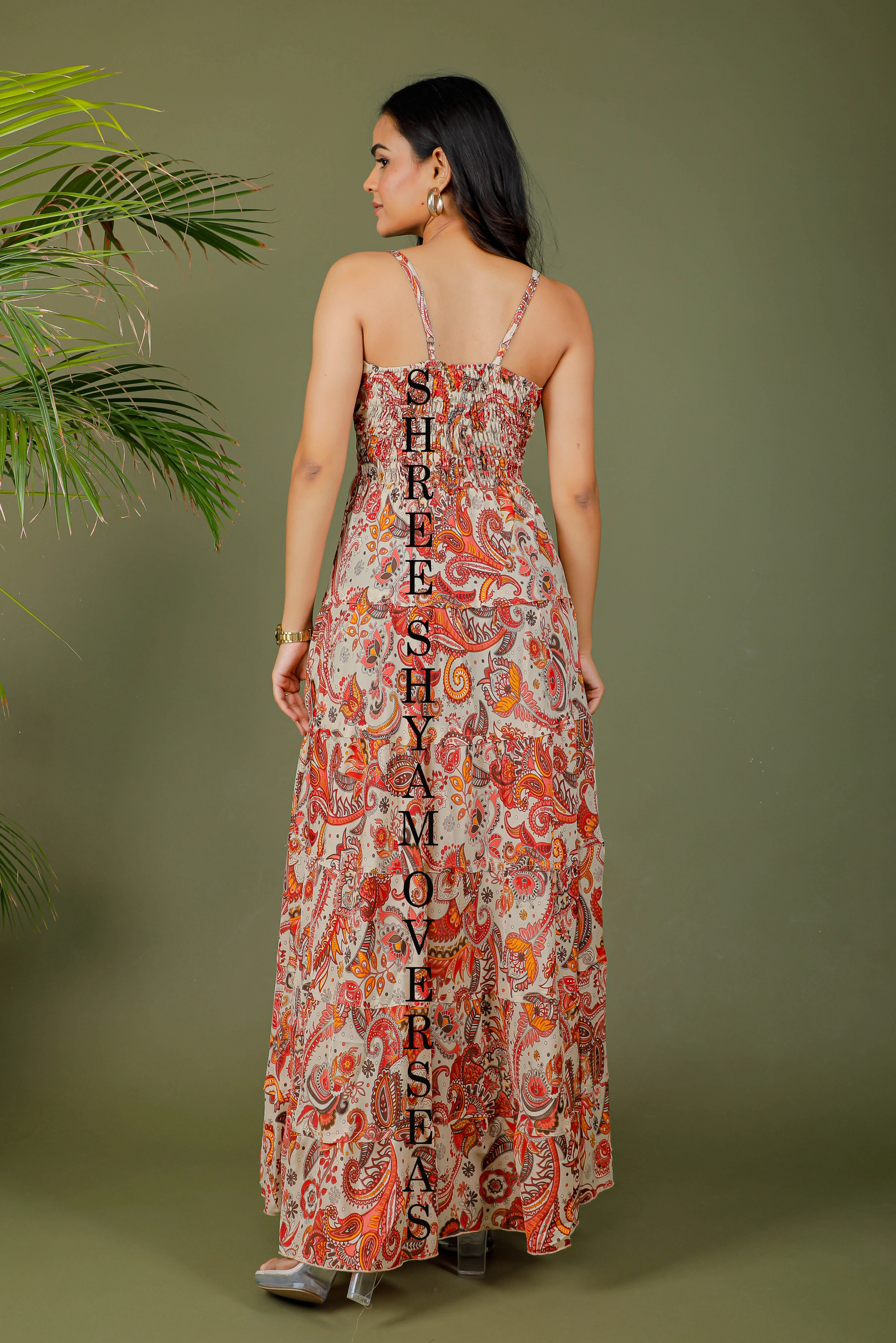 2023 New Summer Collection Silk Long Dress Party Wear Long Sleeveless Spaghetti Backless Printed Maxi Dress