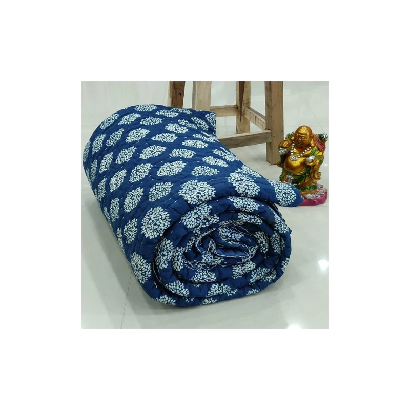 New Design Handmade Kantha Quilts Customized Wholesale Price Floral Indigo Print Soft Cotton King Size Kantha Quilts