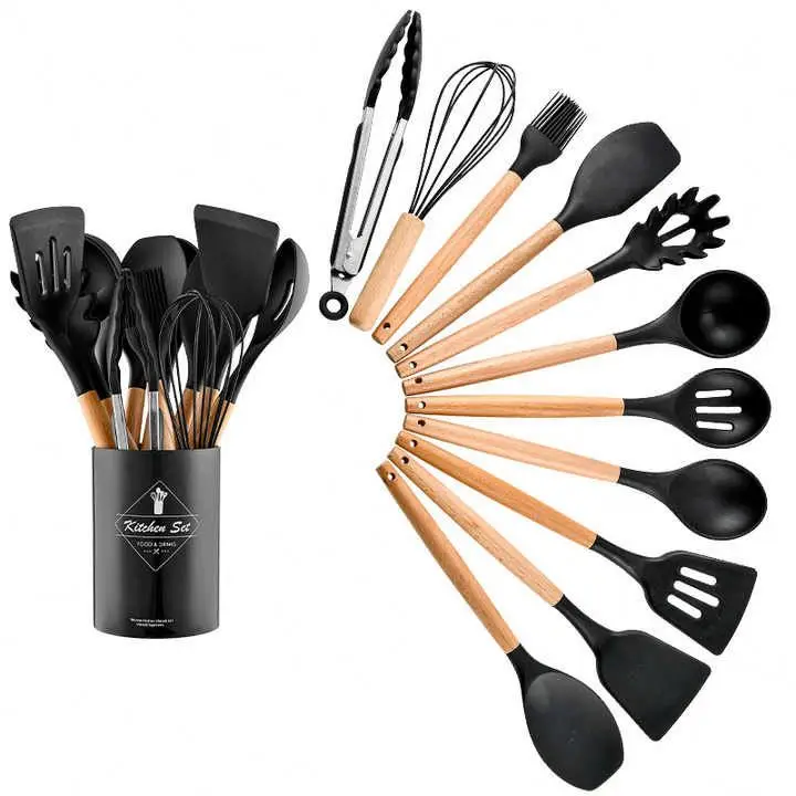 Silicone Kitchen Accessories Non-stick Cookware Wooden Kitchen Tools in Stock 12 Pcs Home Kitchen Utensils Silicone Spoon Holder