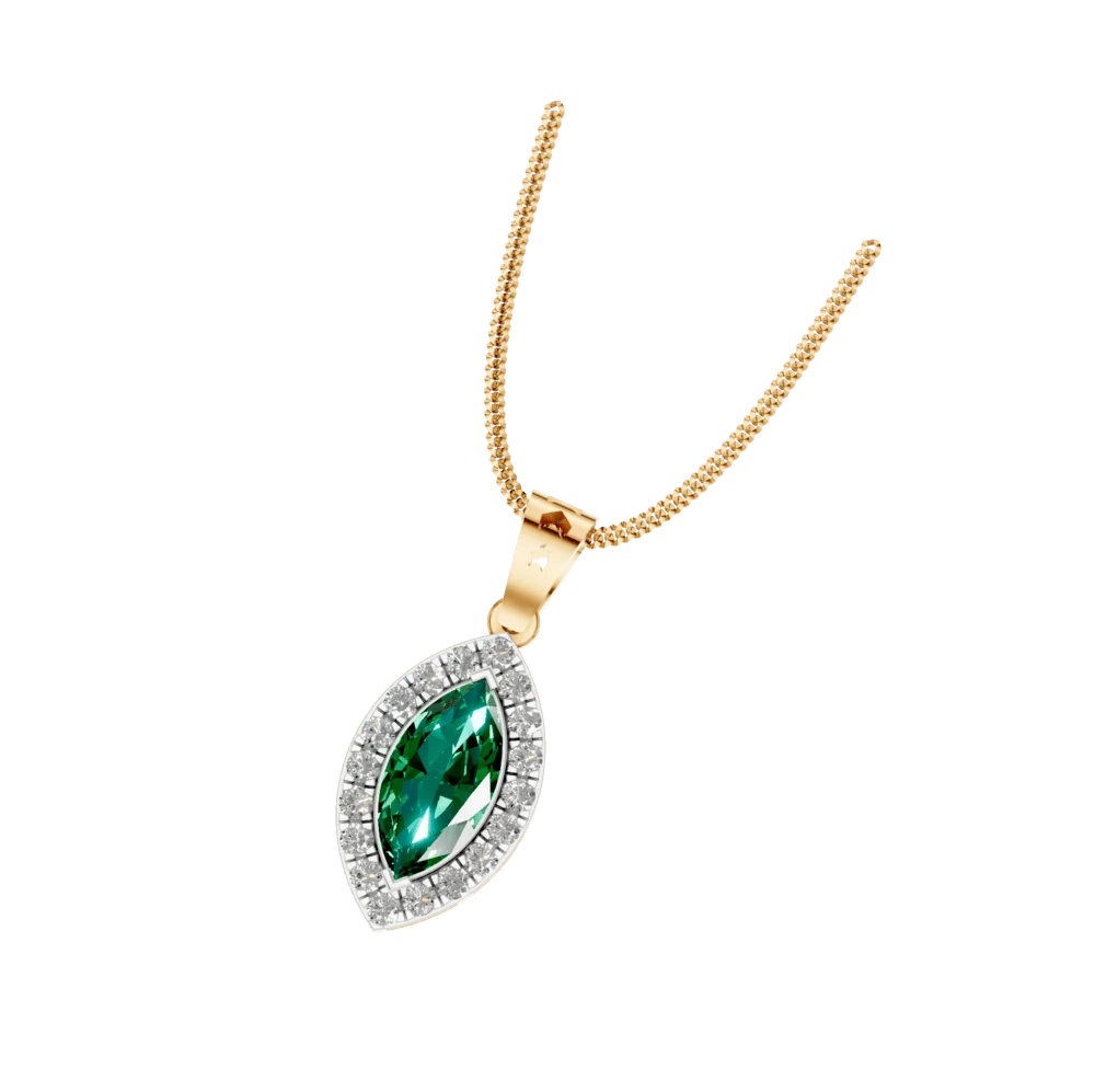 Exquisite Precious Emerald Marquise-Cut Gemstone Gold or Yellow Pendant with a Sparkling Diamond Halo for Timeless Elegance