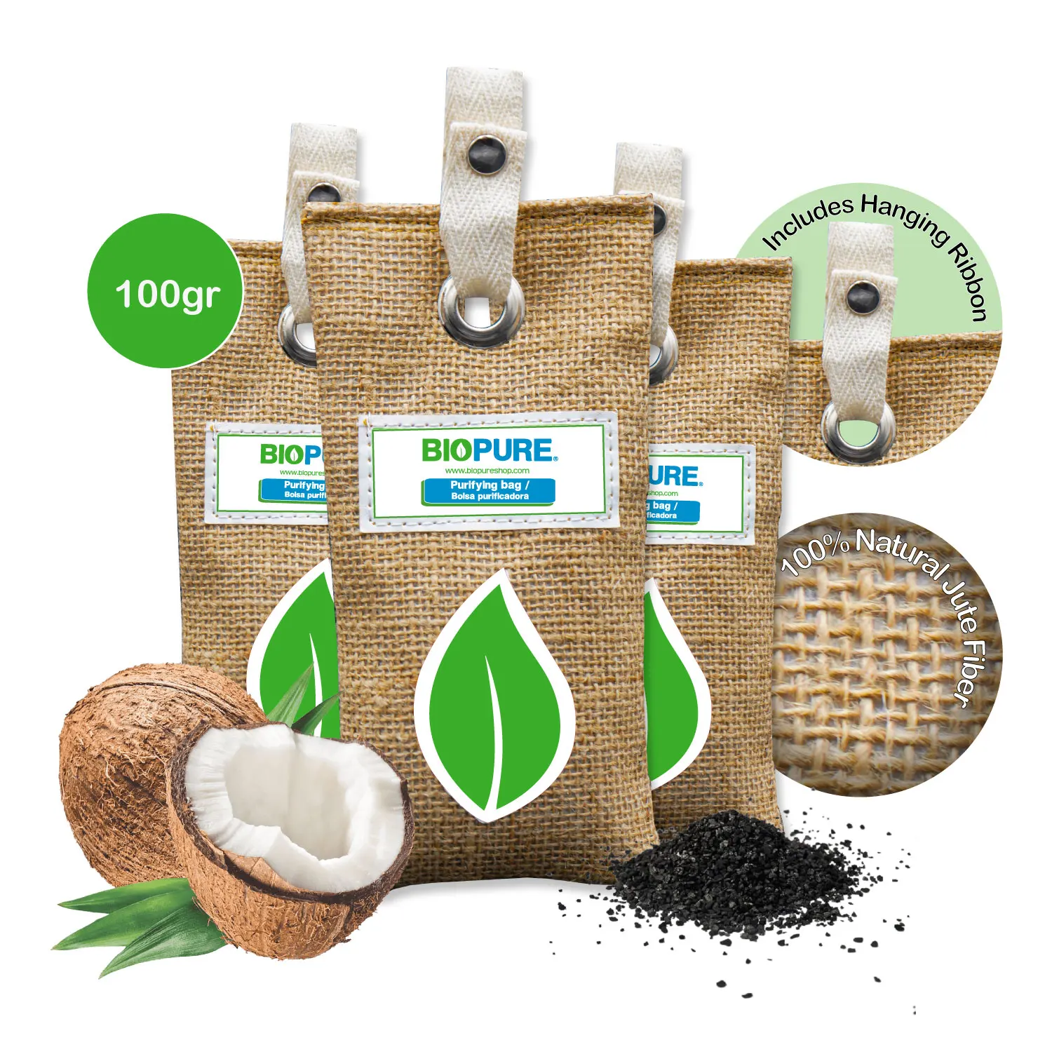 Biopure Air Purifying bag - Eco friendly coconut activated carbon Deodorizer Odor and humidity control charcoal - Made in Mexico