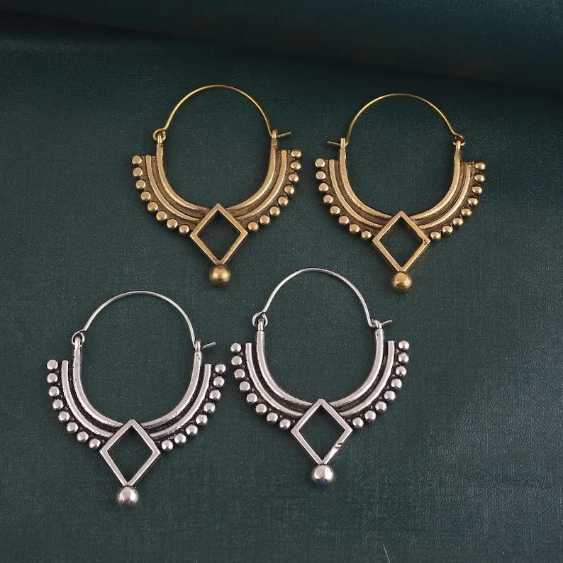 Afghani Hoop Earrings; Ethnic, Geometric, Small, Rustic, Yoga, Hippie, Gypsy, Pretty, Boho, Bohemian, Festival