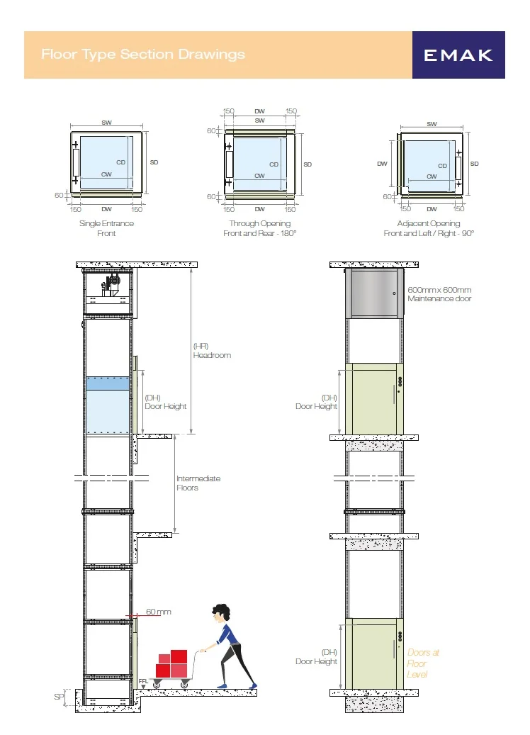 Emak 200kg VVVF Floor Type Single Entrance Dumbwaiter Lift for Kitchen & Restaurant with Steel Structure