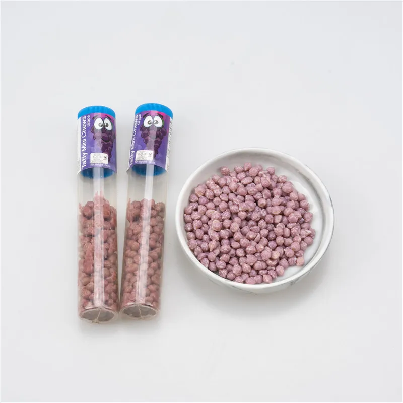 Grape mini chew in tube candy OEM Box Candy Unit Piece Packaging Food Blueberry Color Feature Container Sugar Decoration Type