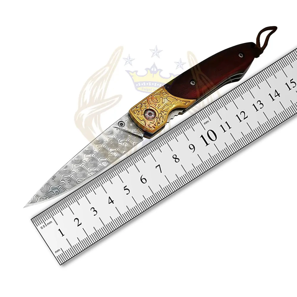 Handmade forged steel Damascus Steel Blade Rosewood Handle Leather Sheath Tactical Pocket Knives Folding Knife