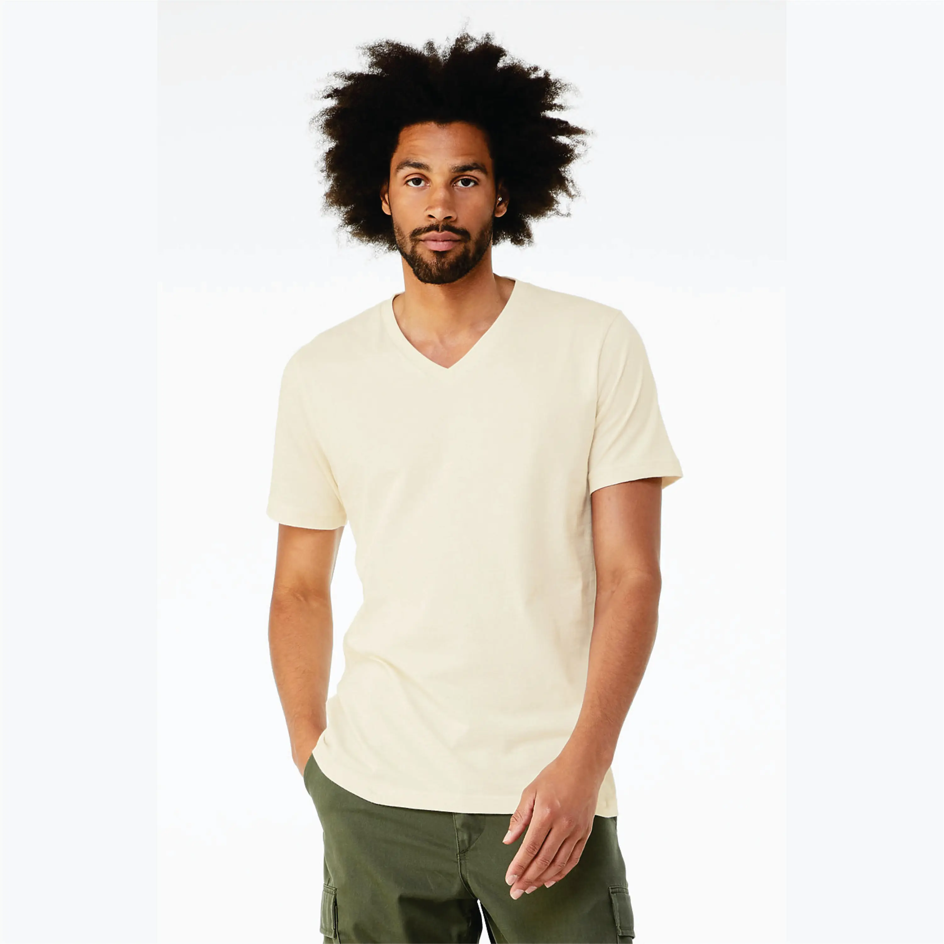 100% Airlume Combed and Ring Spun Cotton 32 Single 4.2 oz Natural Essential Unisex Jersey Short Sleeve V-Neck T-Shirt