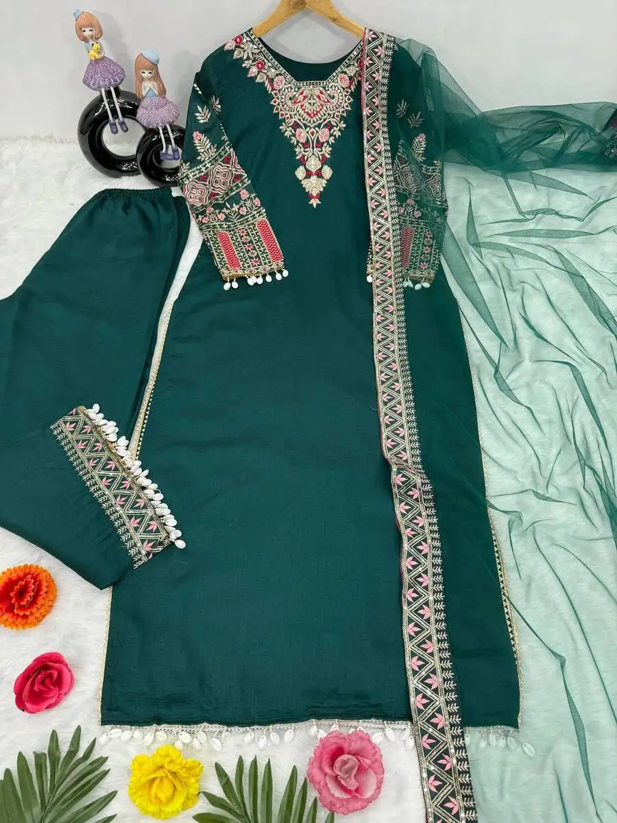 Fancy silk embroidery sequence work top palazzo with dupatta festival wear indian women wholesale price ethnic garment