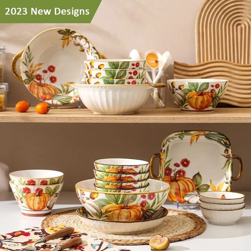 OEM Custom Luxury juego de vajilla Pumpkin Pattern Hand-Printing Porcelain Ceramic Dinnerware Sets for Wedding