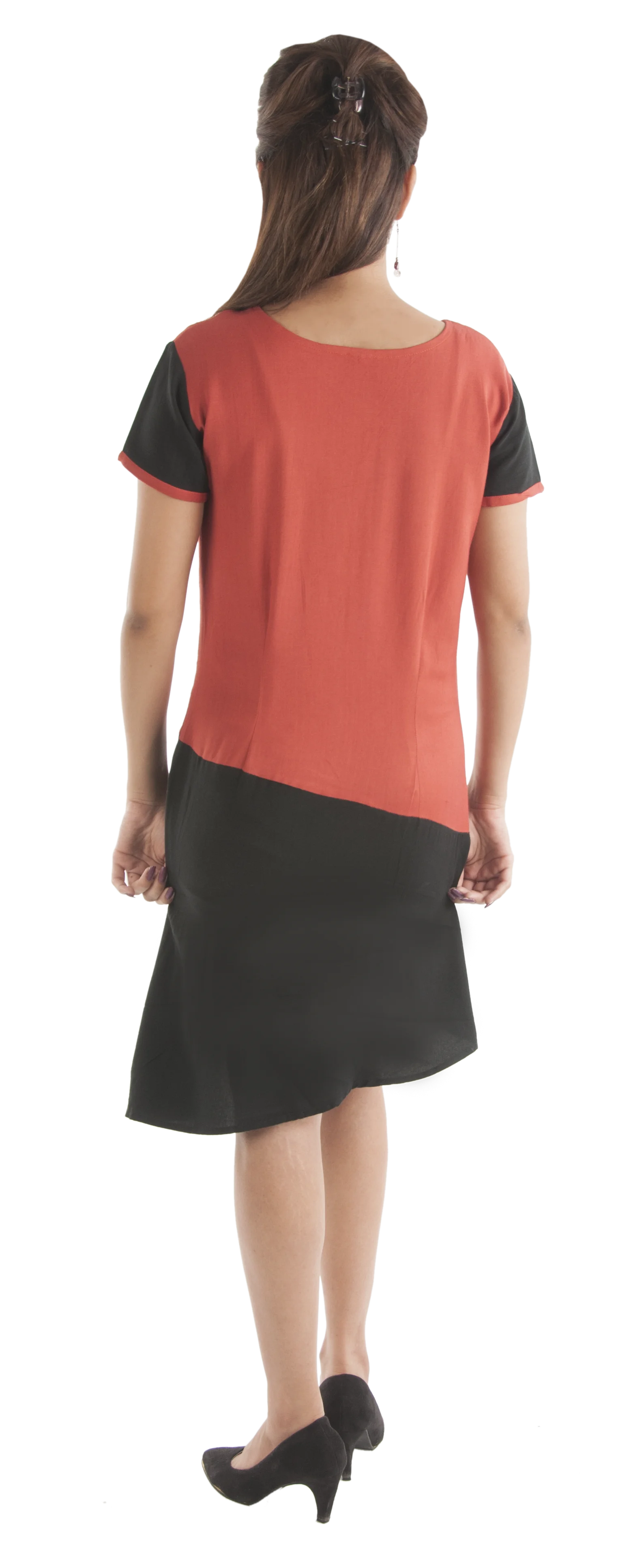 Stylish Fashionable Elegant Knee Length Dress with Half Sleeves and Asymmetric Bottom in Two Tone Color for Girls and women