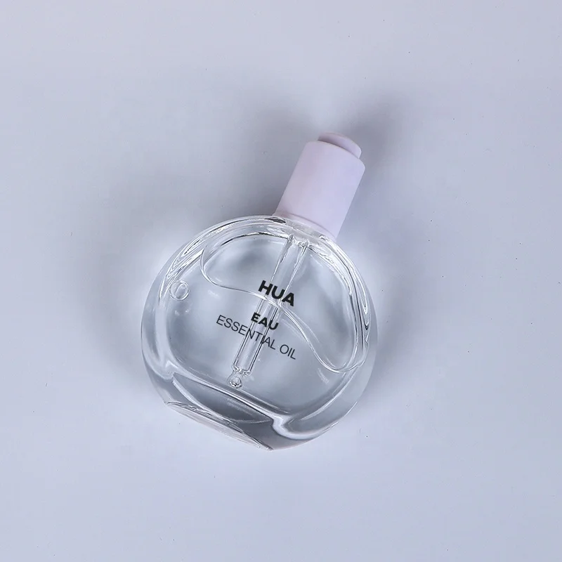 50ml flat round hot sale glass serum cosmetic essential oil dropper bottle with pump
