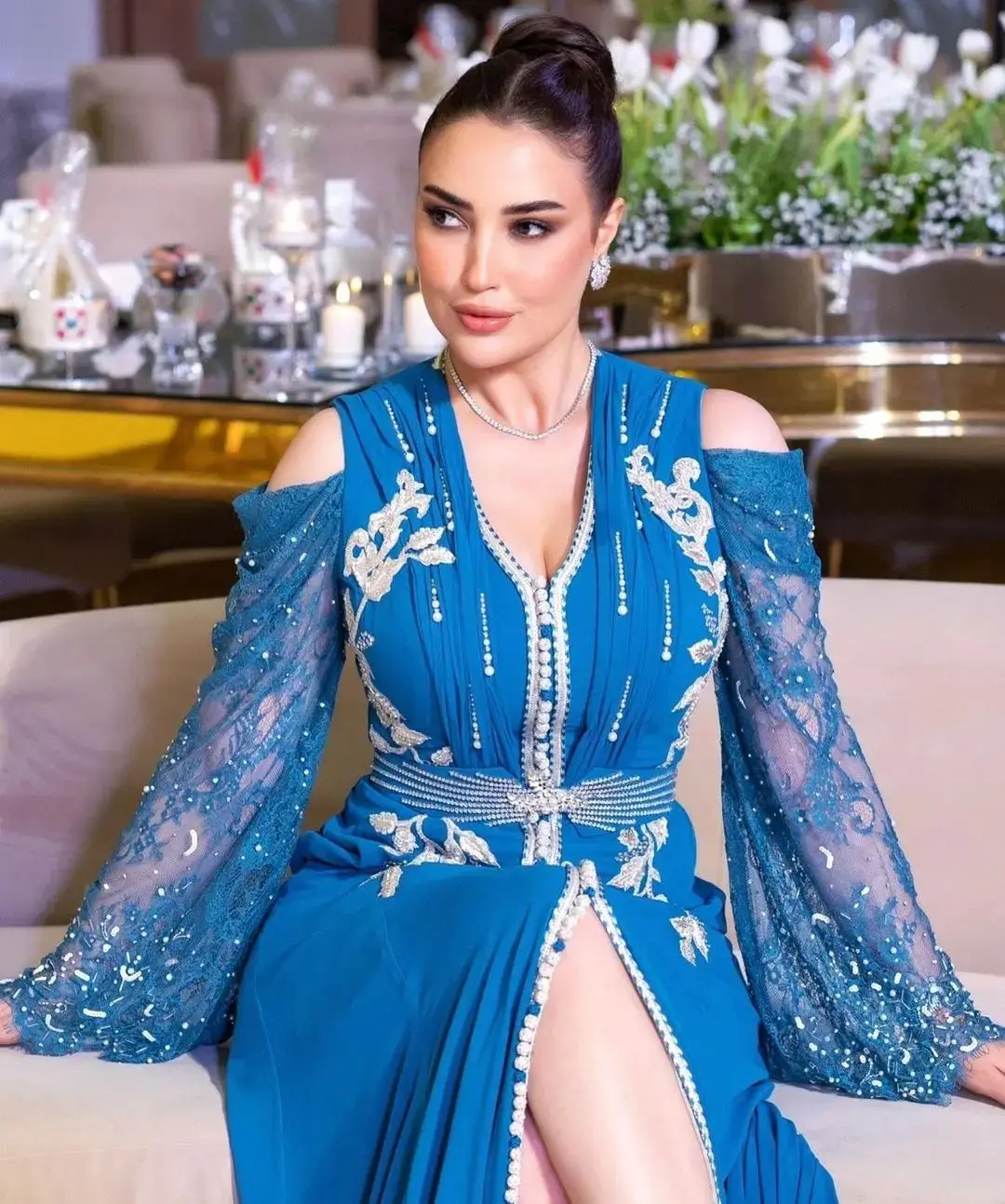 Royal Blue Moroccan Caftan Silver Handwork Chiffon Net Kaftan For Arab Woman Girls Fashionable Dress UK USA Dubai