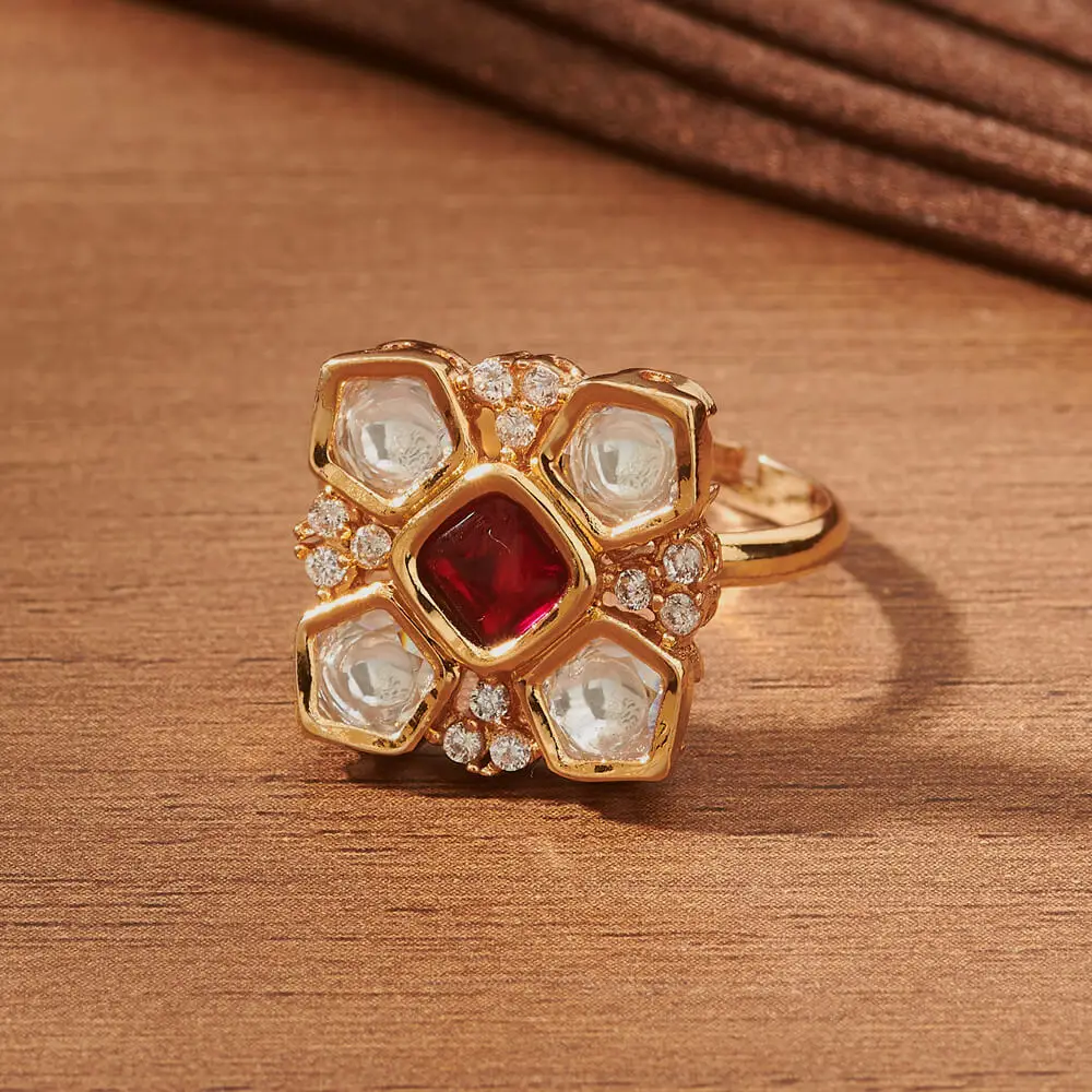 Kundan Imitation Jewellery Gold Plated Adjustable Finger Ring With Classic Look for Womens