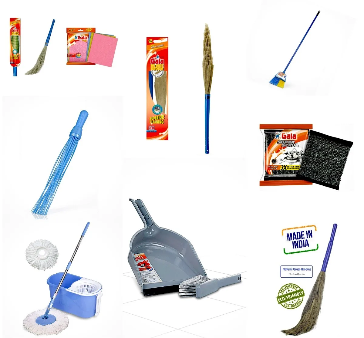Gala No Dust Floor Broom Synthetically Engineered bristles & Sponge Non-Stick Wipe Brushes and Dustpan Set
