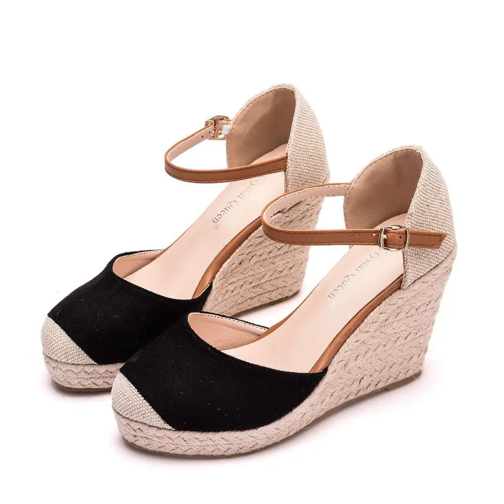 Custom Logo OEM Jute Sole Women Espadrille Shoes Round Toe Ankle Strap Wedge Sandals