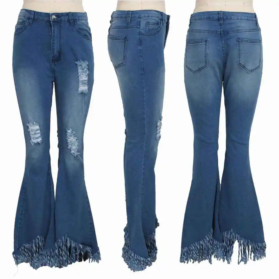Wholesale Denim Stretch Slim 2023 New Trendy Plus Size Ripped Jeans Torn Washed Fit Flared Trousers Women High Waist Jeans