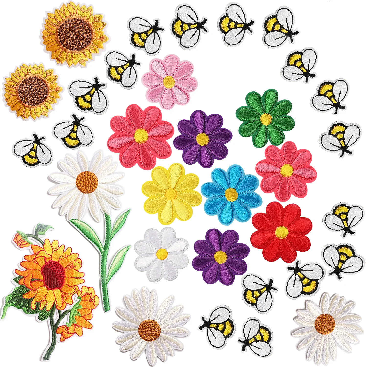 33 PCS Flowers Iron on Patches BEE and Sunflower Sew on Patches Embroidered Appliques Sticker Patches for Clothes Dress Hat Jean