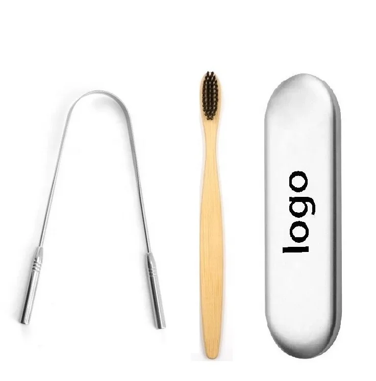 Eco-friendly Biodegradable Travel Oral Care Kit Bamboo Tooth Brush & Tongue Scraper Cleaner With Steel Case Customize Logo OEM