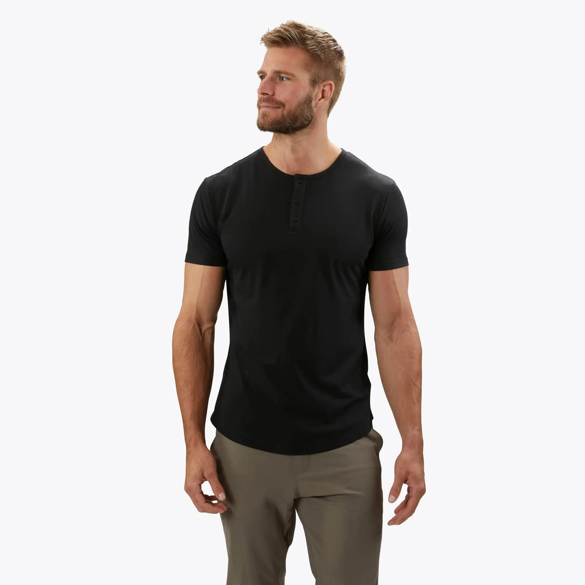 New Design Henley T-Shirt Short Sleeve 100% Cotton Men Solid Black Curved Hem Button Collar T Shirt