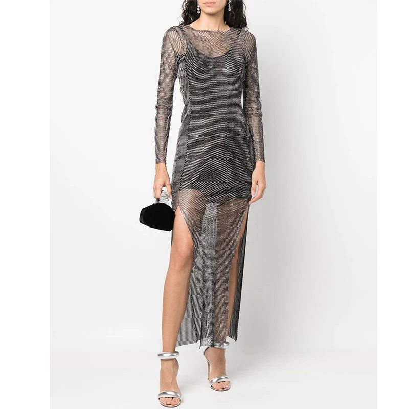 Pink Green Purple Women Black Long Sleeve Mesh Diamonds Dresses Embellished Sheer Maxi Rhinestone Dress