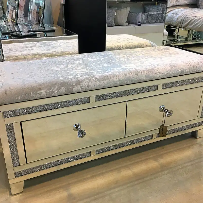 Diamond Glitz Bedroom 2 Drawer Chest Mirrored Velvet Bed End Ottoman Stool Bench with Storage for Bedroom