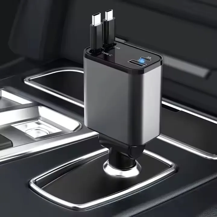 Trend Products 4 In 1 Retractable Fast Car Charger For Phone And Type C Retractable Cables And 2 Charging Ports Charger