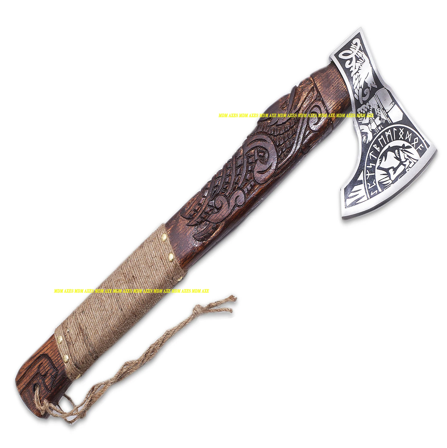 HANDMADE 5160 STEEL CUSTOM HANDMADE VIKING RAVEN AXE WITH AMAZING ENGRAVED AND ROPE HANDLE WITH BEAUTIFUL LEATHER SHEATH