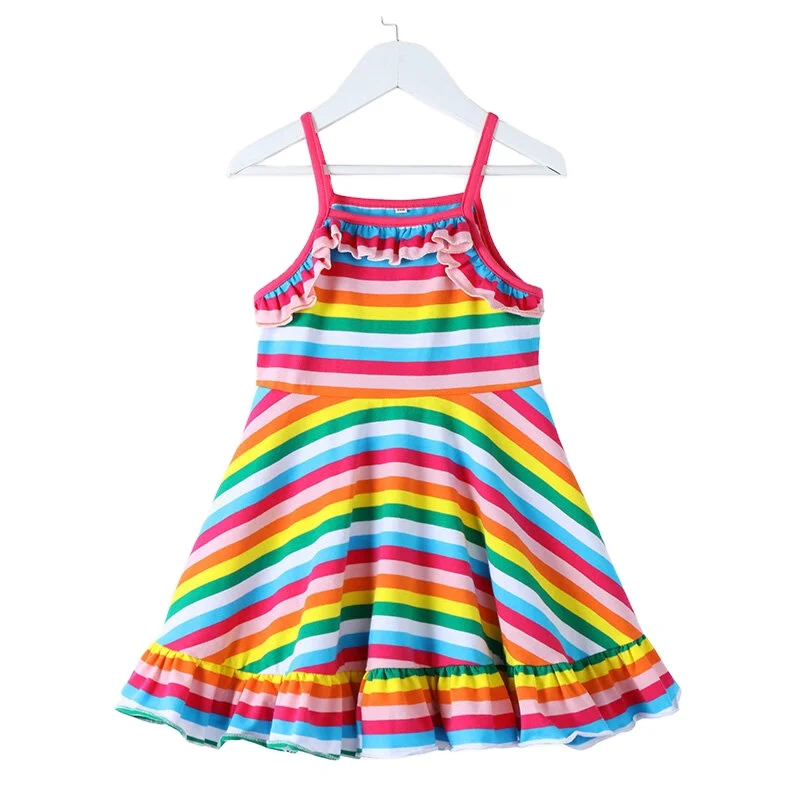 New Fashion Casual Rainbow Striped Print Sleeveless Casual Dress For Girls