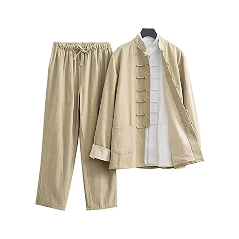 New Pure Cotton Traditional Chinese Tang Suit Long Sleeve Set Kung Fu Clothes Uniform Shirt Coat Pants for Men