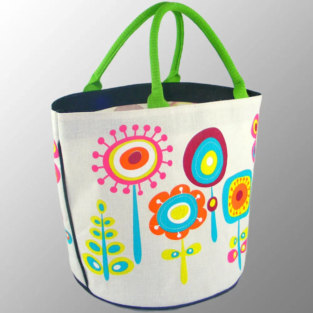 jute cotton bag with round bottom and strong cotton handles multicolor floral prints bucket shopping bag beach bag