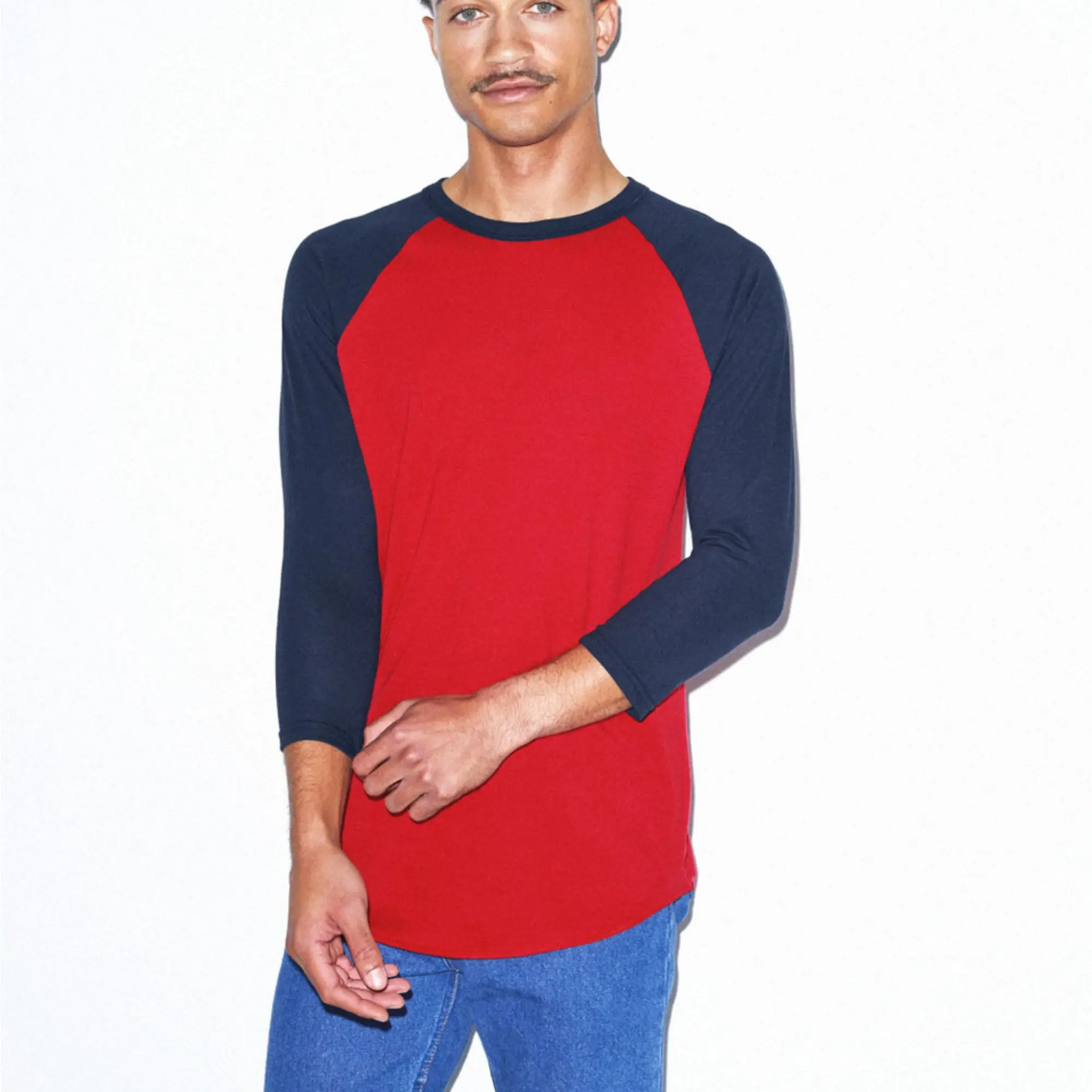 Ультрамягкое 50% хлопок полиэстер 200 gsm Slim Fit Легкий красный и темно-синий цвет с рукавами реглан 3/4 футболка длинными