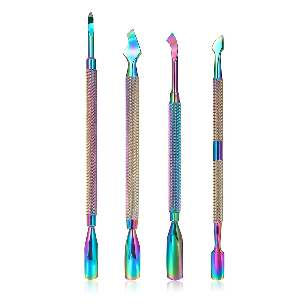 Rainbow 4pcs Spoon Pusher Knife Head Bell Shape Curve Head Double ended Nail Polish Remover Cuticle Nail Pusher Scraper Tool Set