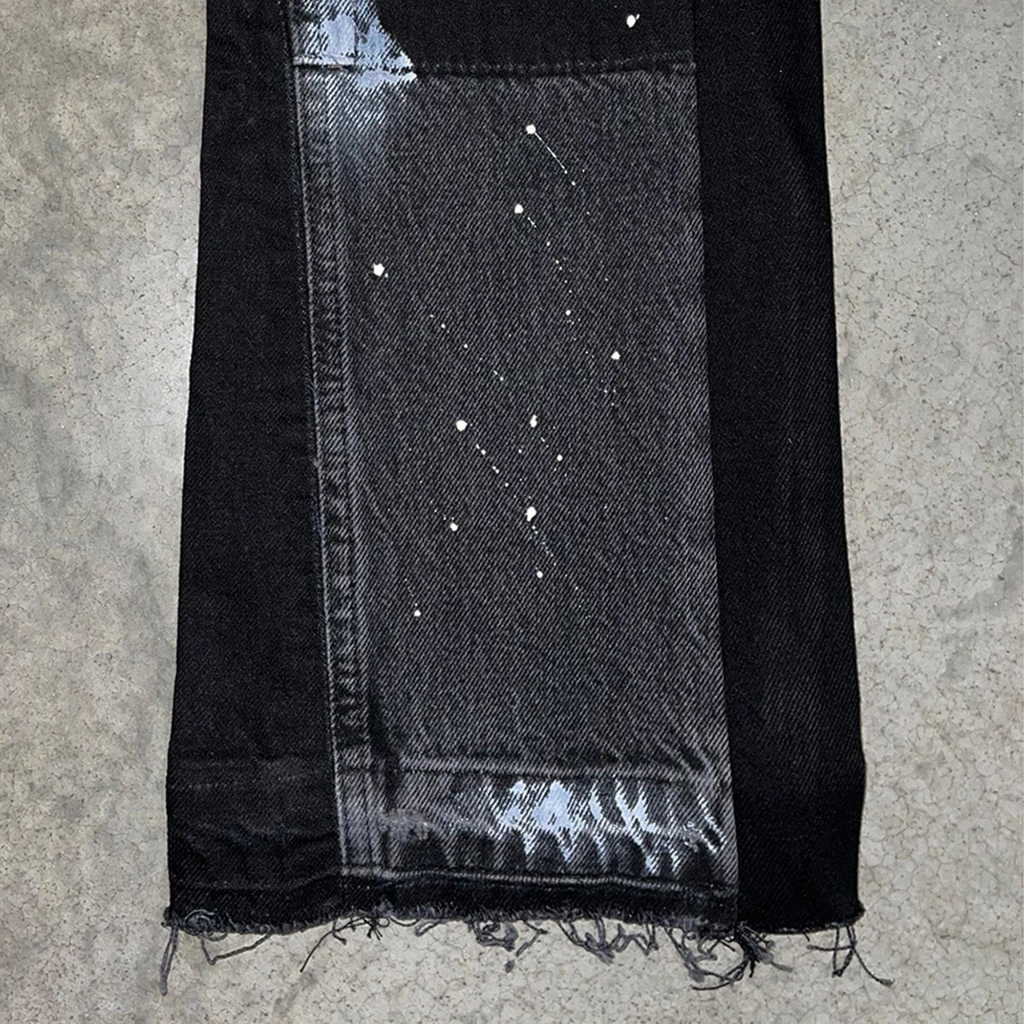 Fashion Custom Black Splattered Slim Fit Washed Pants Skinny Stacked Denim Flare Jeans Men