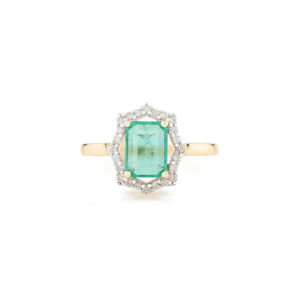 Wholesale Luxury Handmade 18K Solid Yellow Gold in Natural Octagon Cut Emerald and Halo Diamond Wedding Ring at Best Price