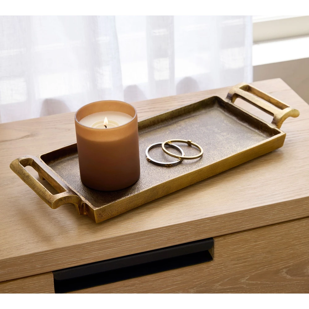 Aluminum Cast Metal Christmas Decorative Tray Rectangle Shape With Handle Golden Shiny Polished Kitchenware Supplies From India