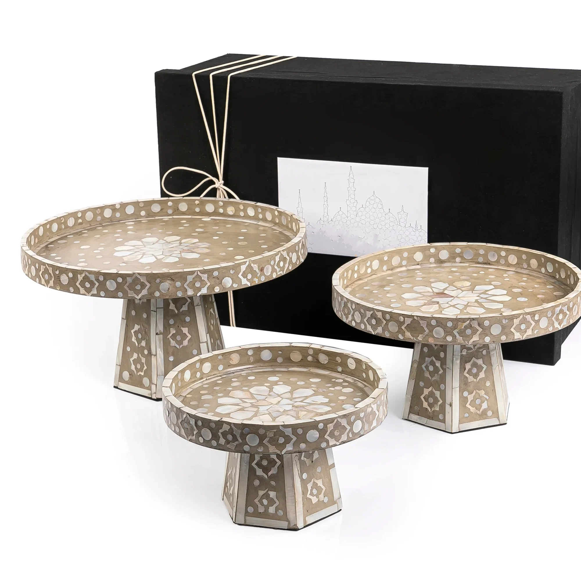 Luxury design handcrafted Mother of pearl inlay cake stand for Eid Ramadan party decor food tray with stand made in Vietnam