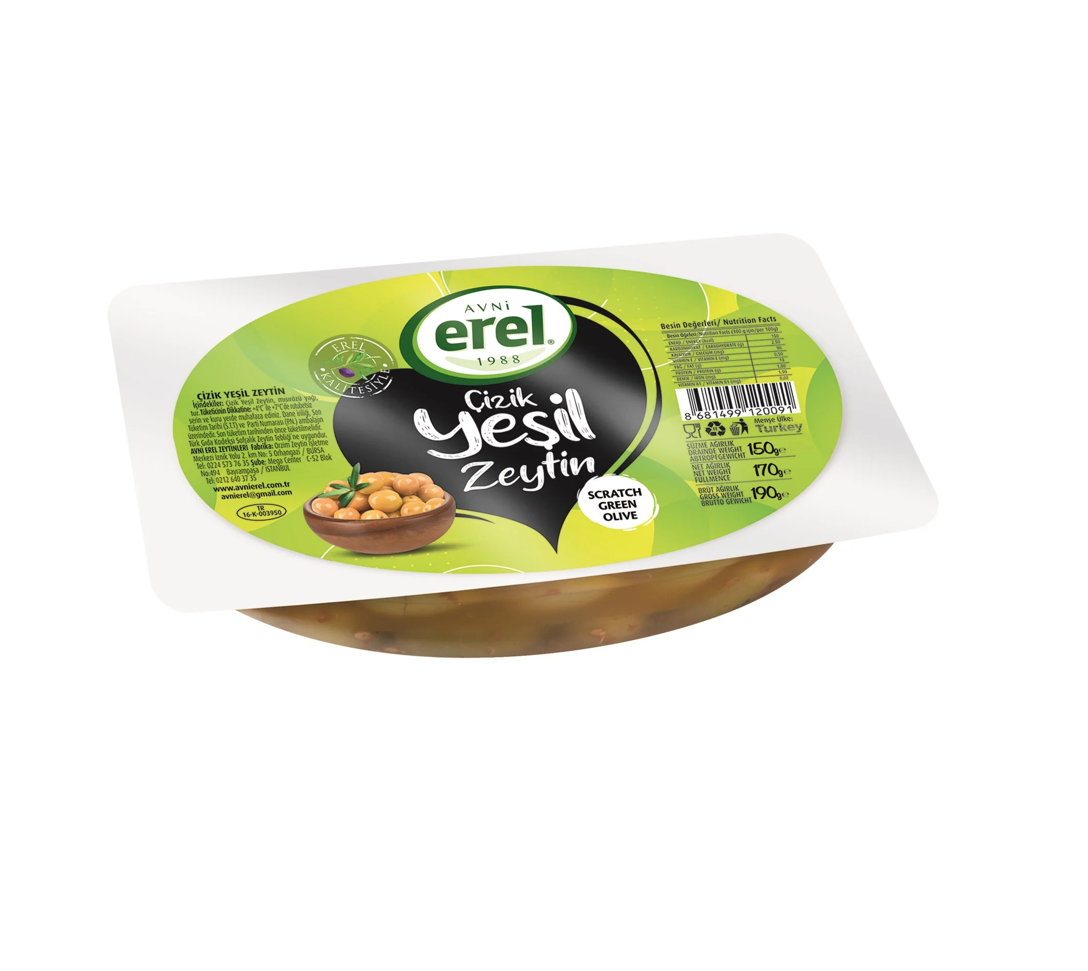 Scratched  Green  Olives  Fresh/Soft 170gr  Premium Quality and Best Price Made in Turkey