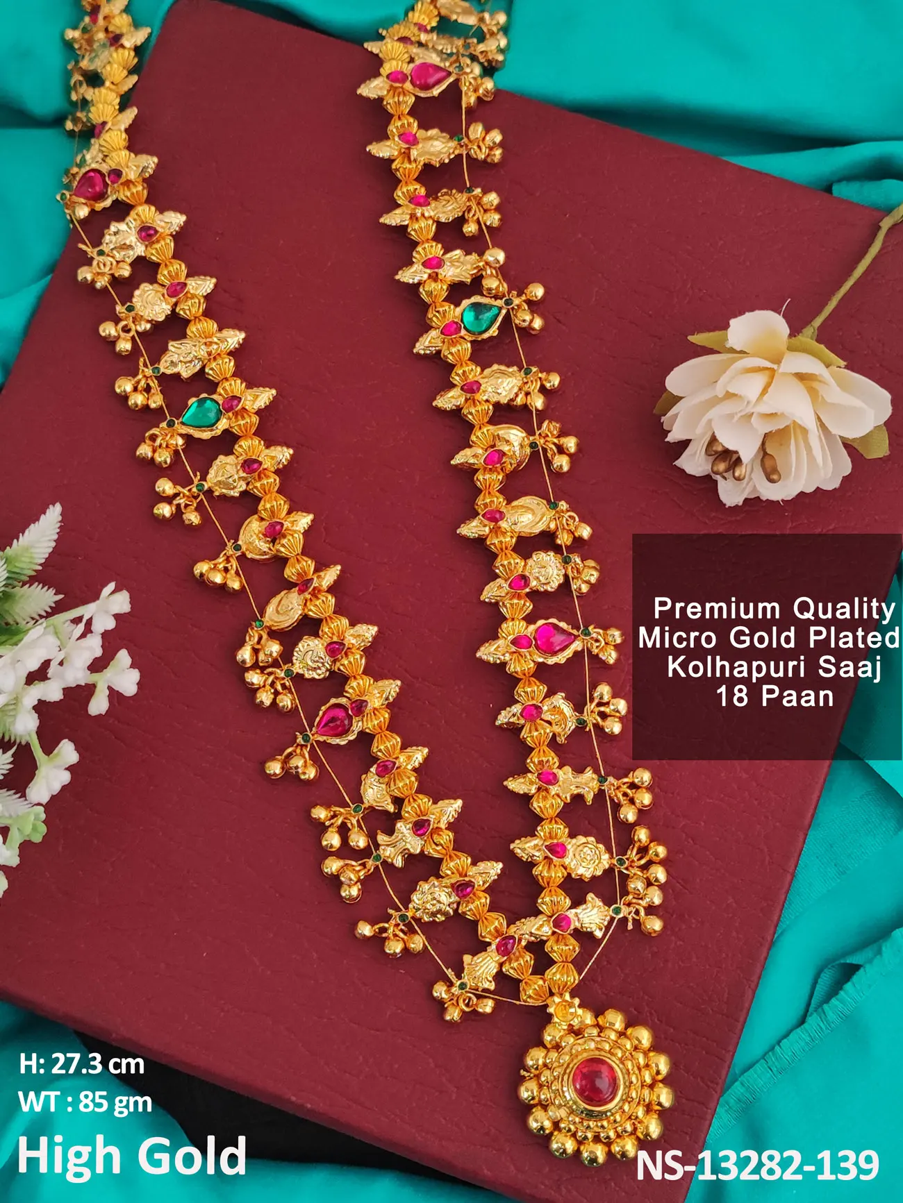 Premium Quality Micro Gold Plated Maharashtrian Jewelry Traditional Party Wear High Gold Polish Kolhapuri 18 Saaj Necklace Set