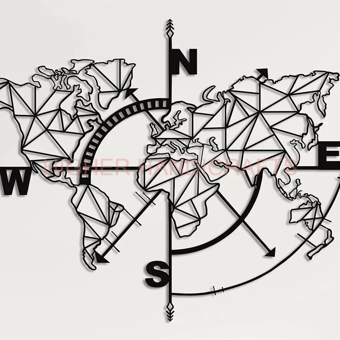 Metal World Map Wall Art Geometric Compass Design Wrought Iron Wall Decor Rustic Metal Mounted Wall Arts for Home Decorations