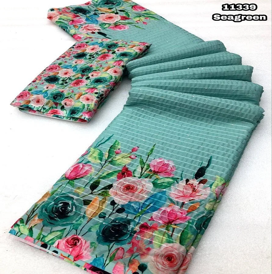 Indian designer GEORGEET WITH DIGITAL PRINT DESIGN WITH CROSEK SEQUENCE DESIGN WORK Saree