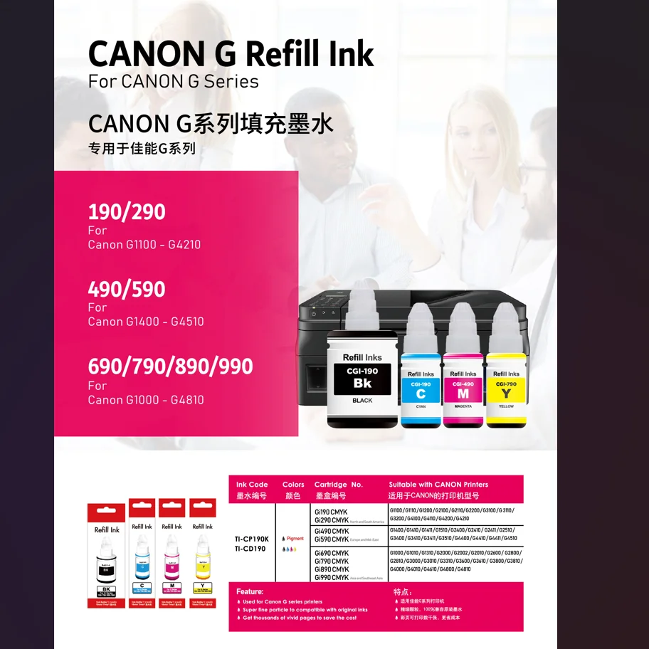 Gi490 Gi-490 Gi 490 Color Compatible Bulk Bottle Water Based Refill Ink For Canon Pixma G2411 G2400 G3411 Printer
