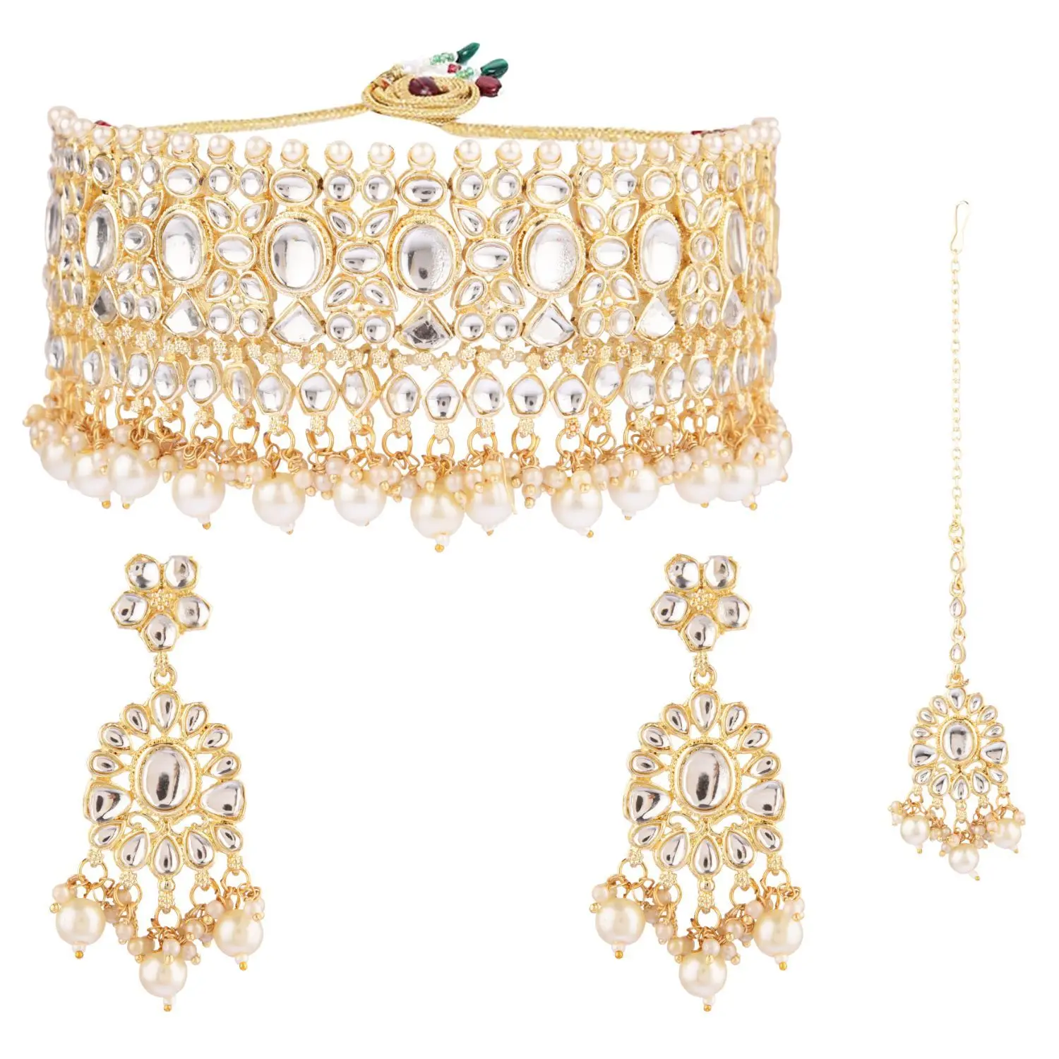 Indian Wedding Jewellery Floral Faux Pearl Crystal Bridal Choker Necklace Wedding Dangle Earring With Maang Tikka Set, White