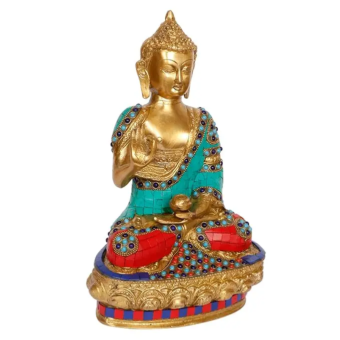 Big Buddha Statue for Home Decor Brass with Multicolor Stone Handwork Idol Figurines Vaastu Sculpture Showpiece Gift 12 Inch