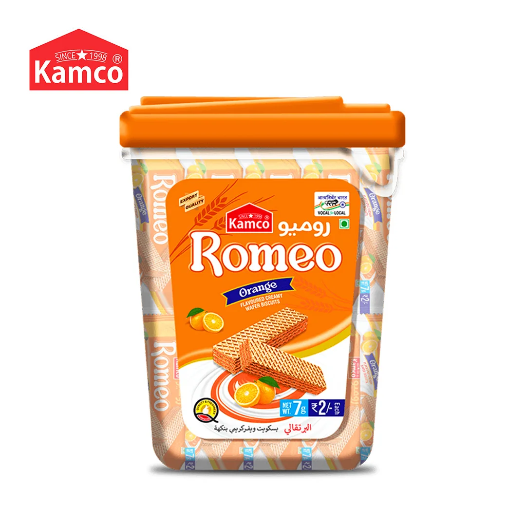 Export Quality and Best in Taste Kamco Romeo Orange Flavour Creamy Wafer Biscuit Container Packaging