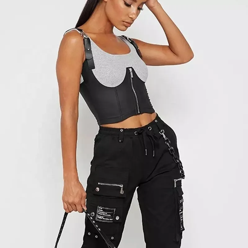 Fashion vest PU leather stitching sleeveless short zipper jacket discipline corset women