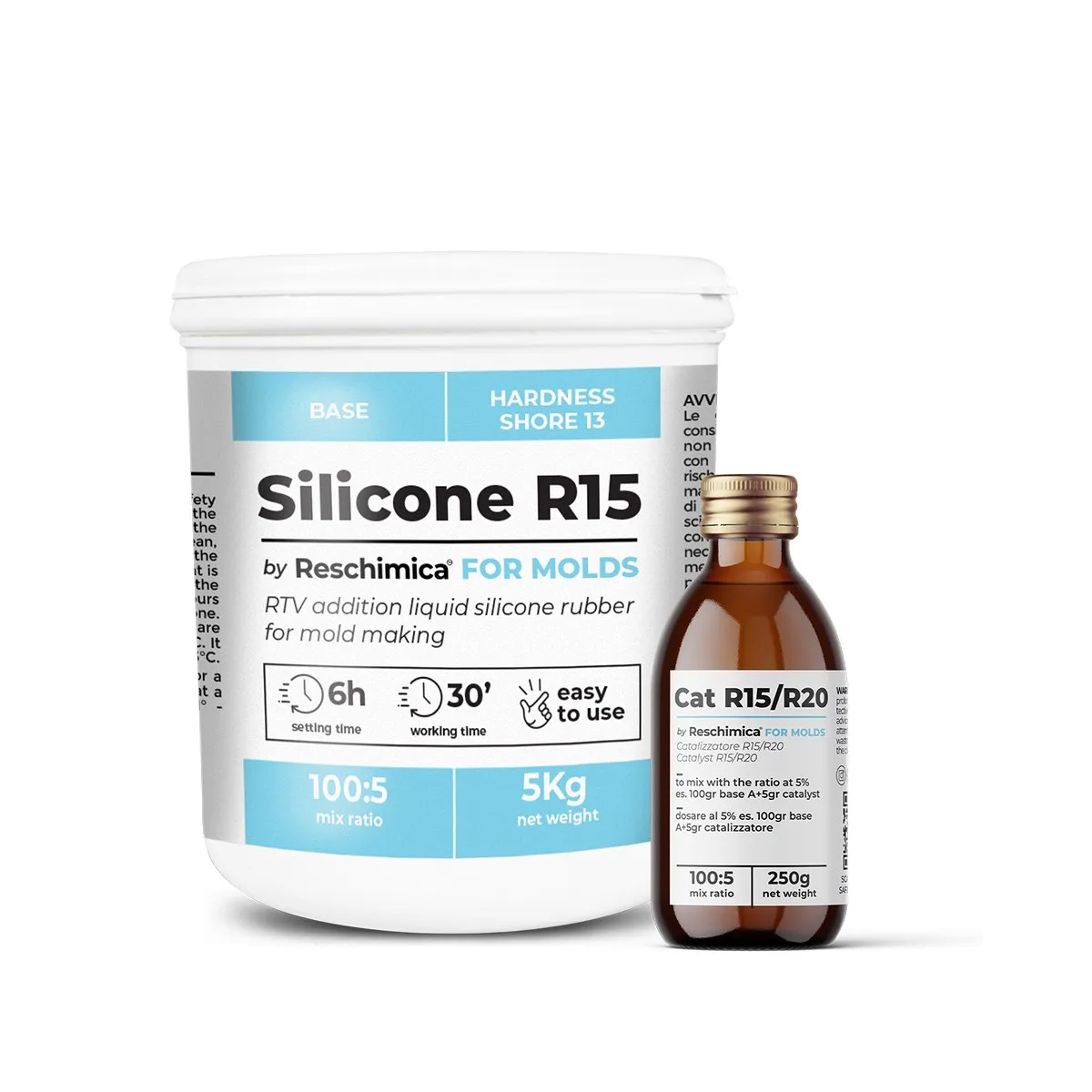 R 15 - Silicone for condensation with base and catalyst compatible with Epoxy resins, Polyurethanes, Wax, Soap, Gypsum, Cement